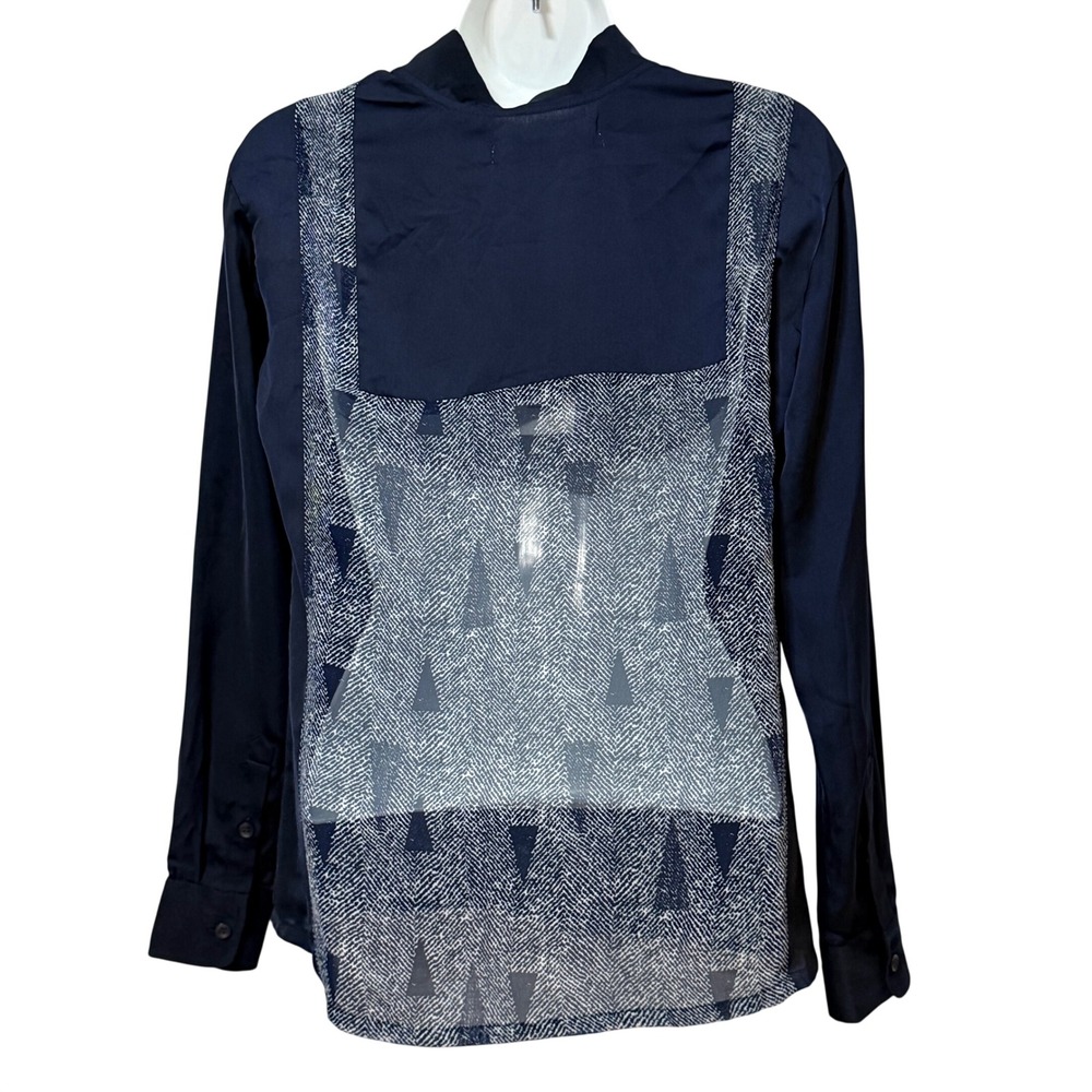 Shades of Grey by Micah Cohen Navy Blue Mixed Media V-Neck Blouse XS SS16 Sample - Picture 2 of 7